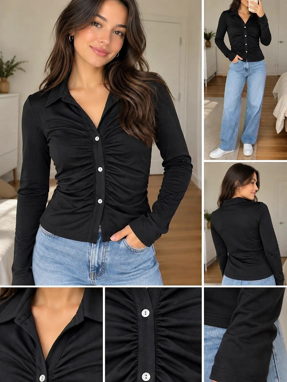 Black Ruched Button Front Top